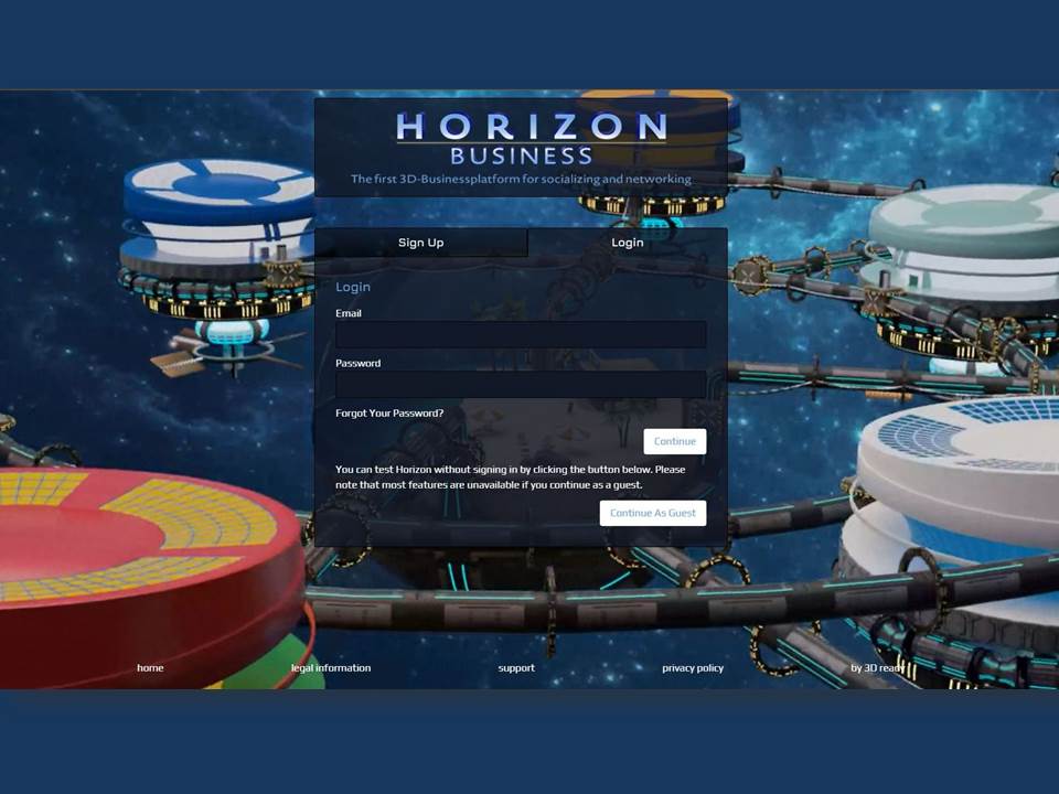 Bild: Screenshot der Startseite des neues 3D Business-Netzwerks "Horizon Business" (Copyrights: Scholderer GmbH)