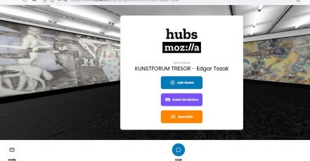 Startscreen des Eröffnungs-Event von Bank Austria Kunstforum Wien im "Metaversum", umgesetzt auf hubs.mozilla.com