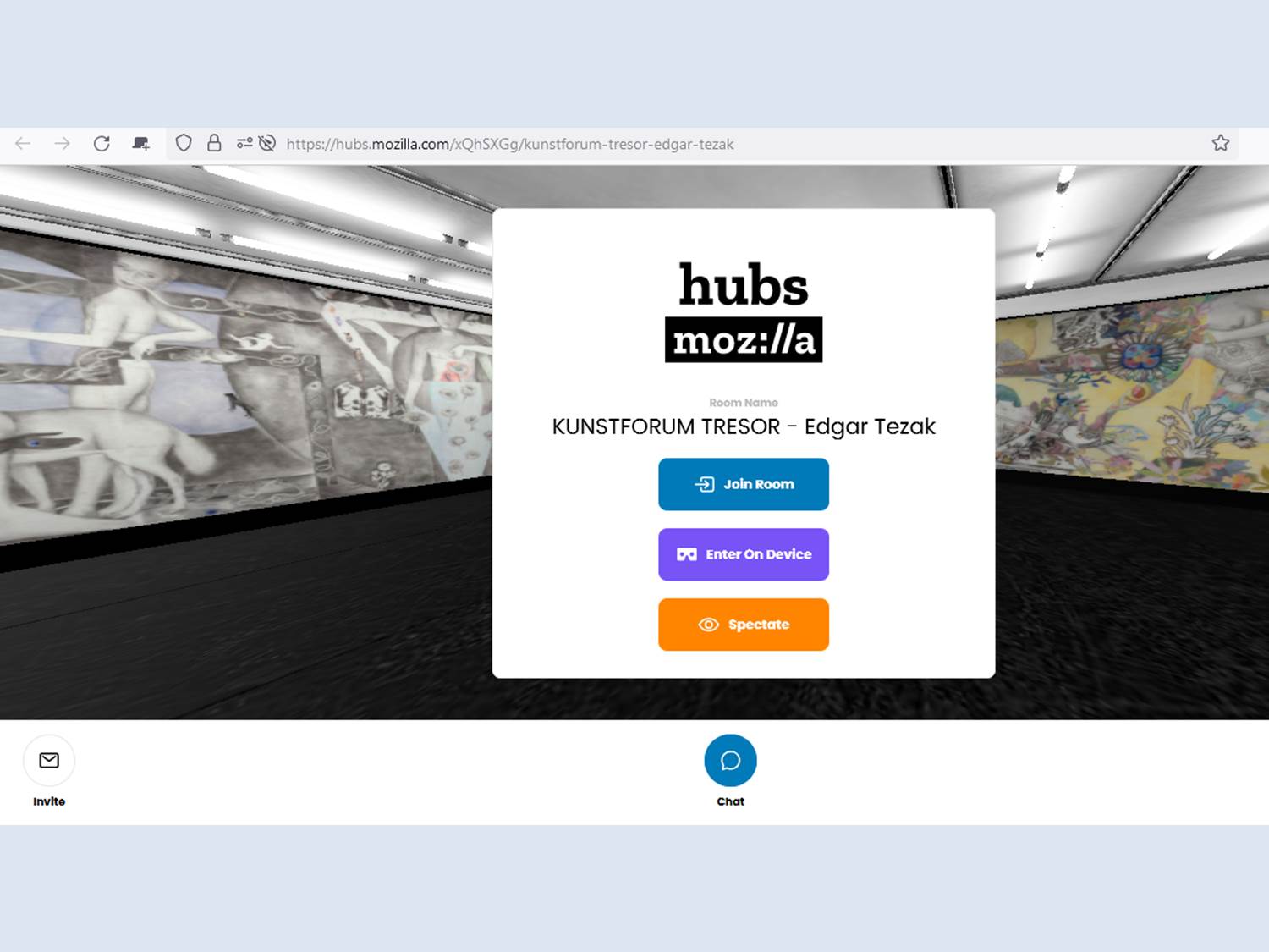 Startscreen des Eröffnungs-Event von Bank Austria Kunstforum Wien im "Metaversum", umgesetzt auf hubs.mozilla.com 