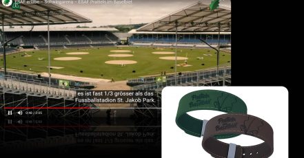 Bild (klein): Das BLKB-ESAF-Armband mit Payment-Funktion besteht aus veganem Apfelleder. Kreiert und bereitgestellt wird es von dem FinTech wearonize. Bild (groß): Screenshot (v. 03.06.2022) aus dem EASF Ankündigungsvideo (Quelle: https://esaf2022.ch/festgelaende/)