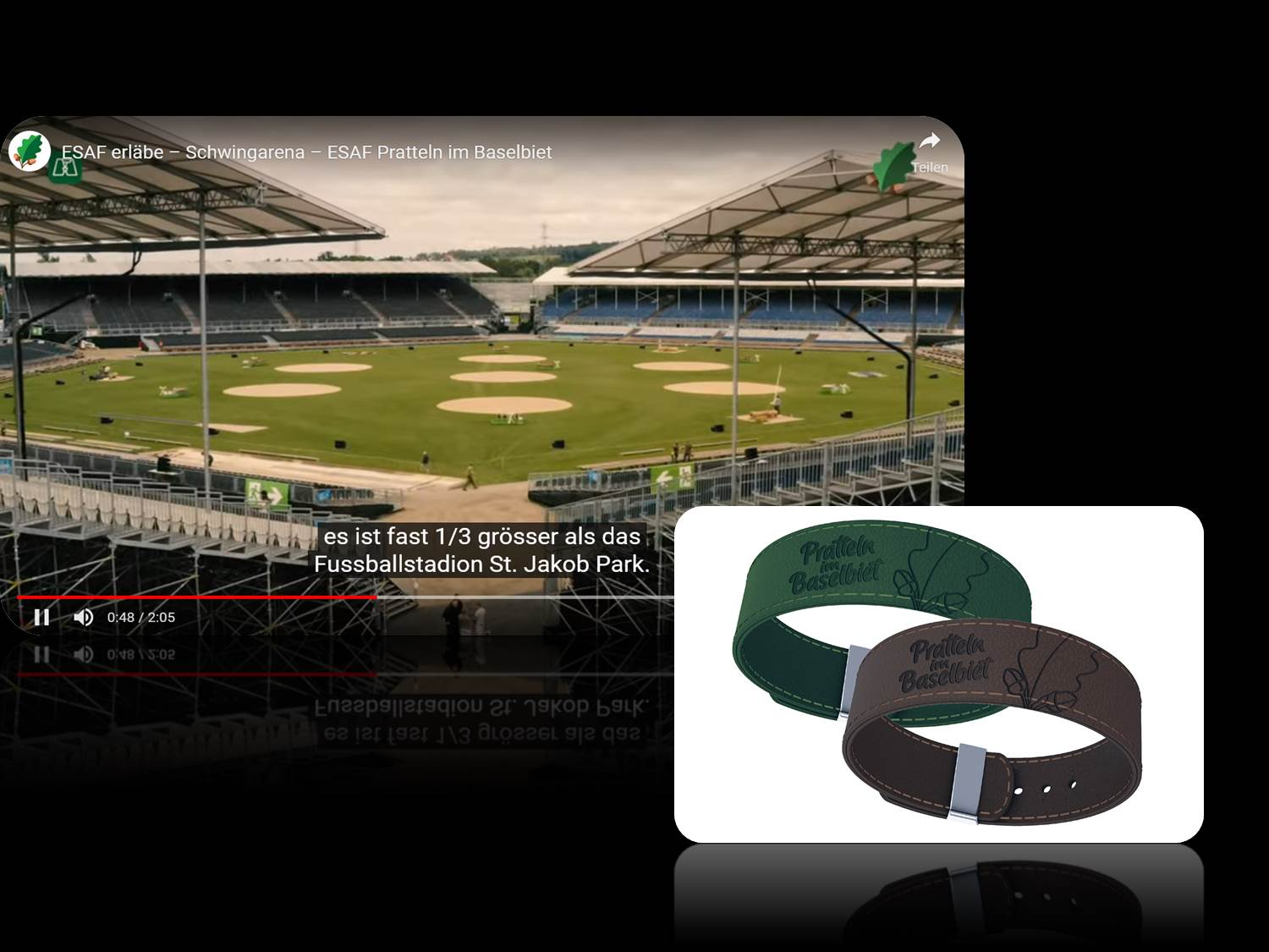Bild (klein): Das BLKB-ESAF-Armband mit Payment-Funktion besteht aus veganem Apfelleder. Kreiert und bereitgestellt wird es von dem FinTech wearonize. Bild (groß): Screenshot (v. 03.06.2022) aus dem EASF Ankündigungsvideo (Quelle: https://esaf2022.ch/festgelaende/)
