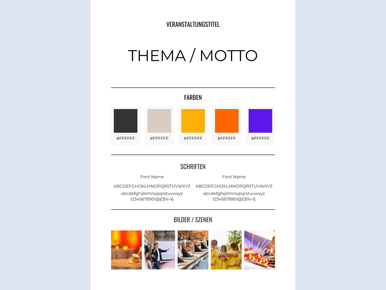 Neue Events planen mit der Moodboard Technik - (Stark reduziertes) Muster Moodboard für Events. Copyrights: eventmasterbook.de Redaktion
