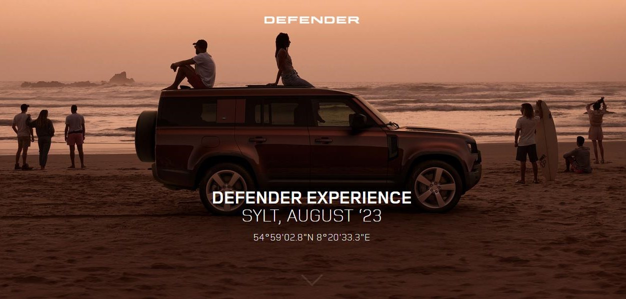 Screenshot (07.08.2023) der Event Website zur Defender Experience, August 2023, Sylt. (Quelle: https://www.defender-sylt.de)