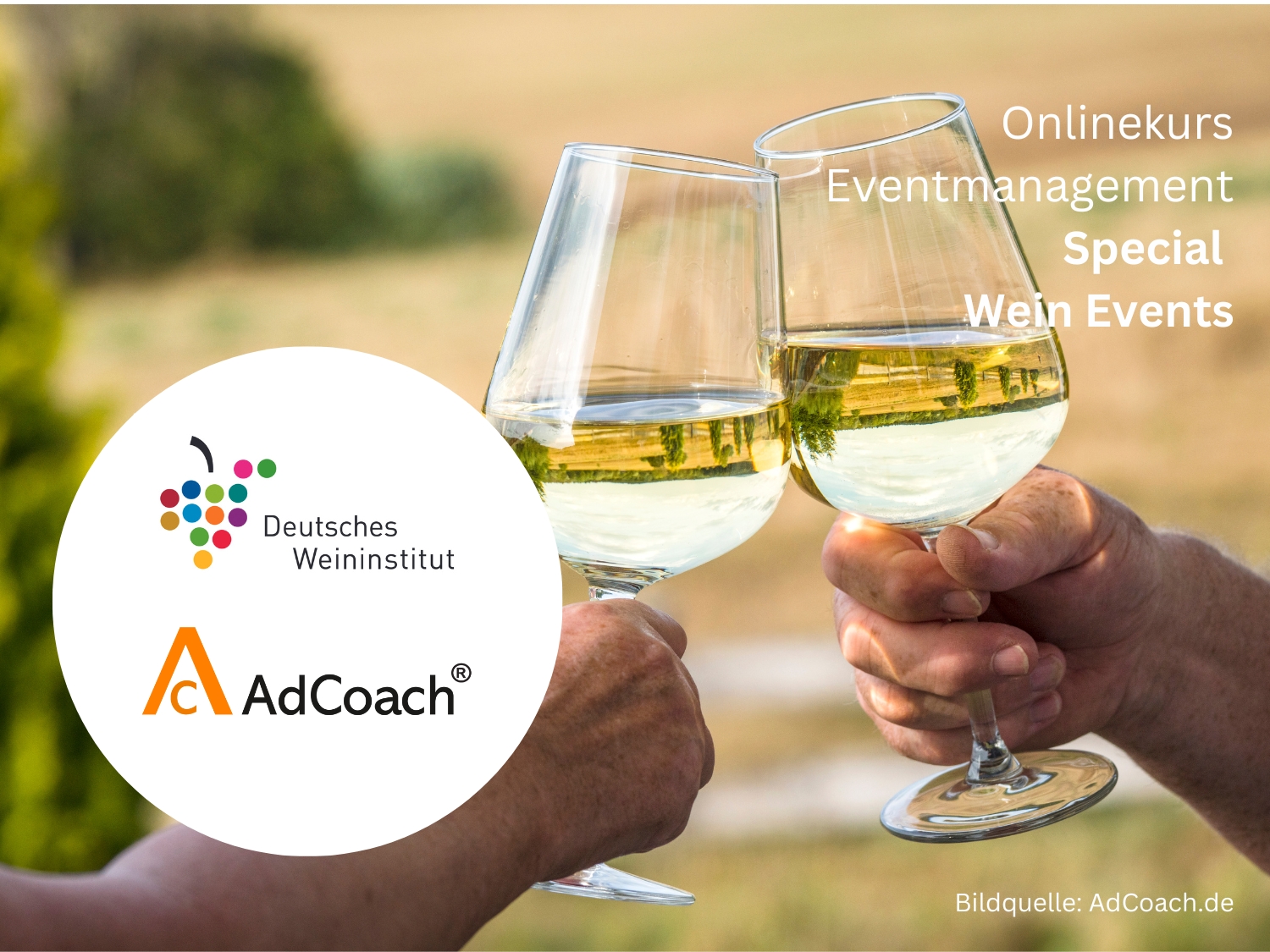 Das Deutsche Weininstitut (DWI) und AdCoach launchen den neuen Onlinekurs Eventmanagement - Special Wein-Events (Bildmotiv / Collage: AdCoach Marketing & Publishing Services, Köln, adcoach.de)
