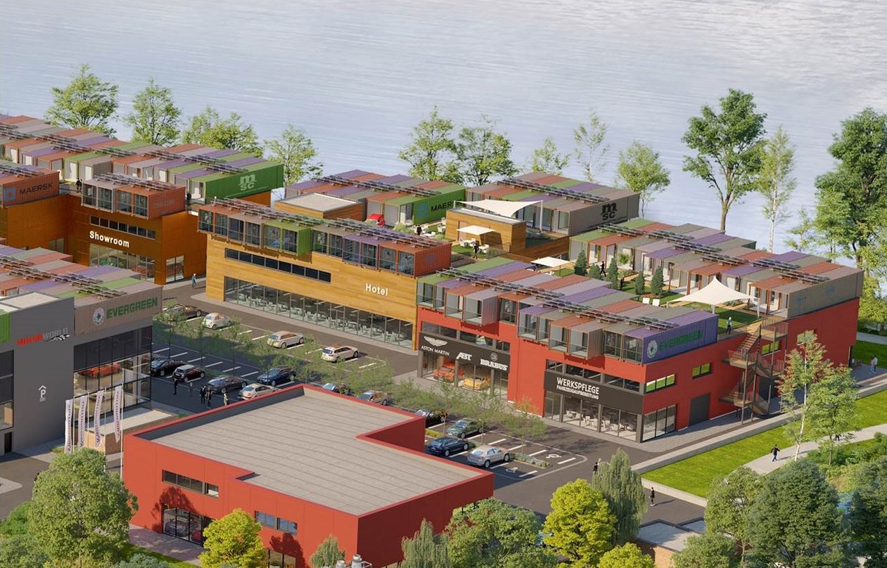 Übernachten in einem umgebauten Seecontainer, auf dem Dach einer stylischen Event- und Lifestyle-Location, und das alles direkt am See? In der Motorworld Manufaktur Berlin wird dieser Traum ab 2025 Realität. (Copyrights / Illustration: Motorworld Group)