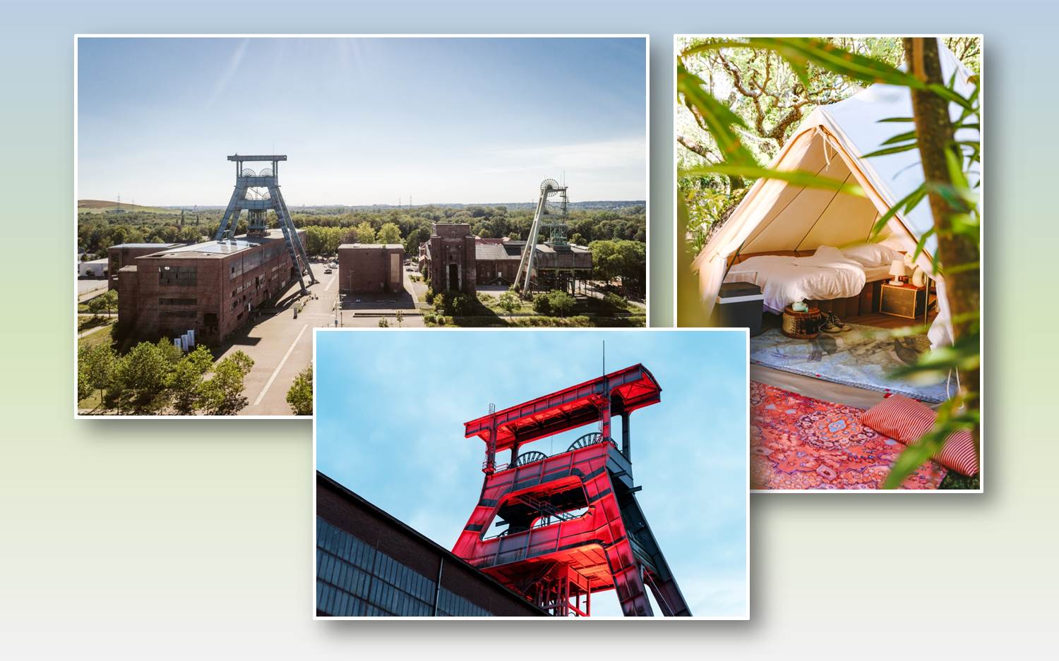 eventmasterbook.de Redaktion. Foto links oben: Luftaufnahme Zeche Ewald (c) RVR Staudinger; Foto rechts oben: Glamping (c) My Molo; Foto Mitte unten: Motorworld Zeche Ewald-Ruhr Doppelbock (c) Markus Messmann