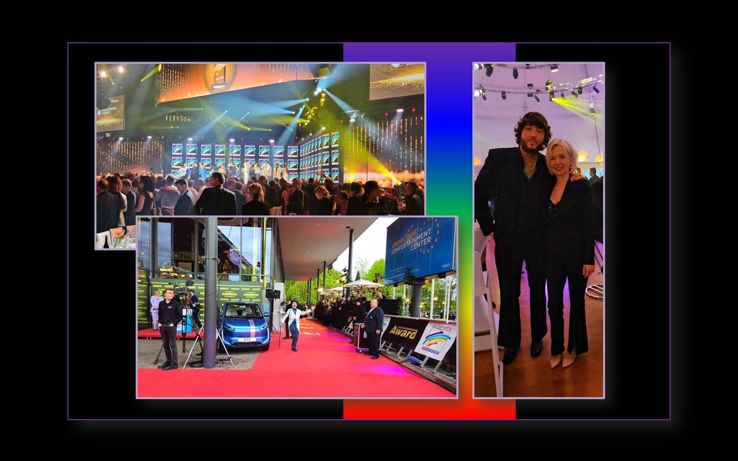 Schnappschüsse von der Radio Regenbogen Award Gala 2024. Foto links oben: Show-Finale (s. Titelbild). Foto links unten: Auf dem roten Teppich / Warten auf die Gäste. Foto rechts: Award Preisträger James Arthur mit Monika Monzel, Redaktion marketingScout.com / EventMasterBook.de bei der Aftershow-Party im Europa-Park Dome (Fotograf / Bildrechte: marketingScout.com Redaktion)