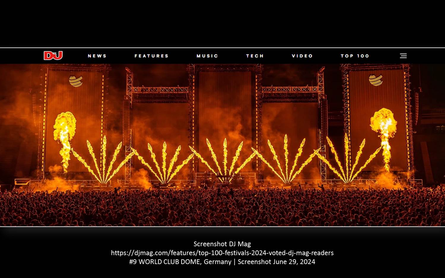Screenshot v. 29.06.2024 der Festival-Ranking Website des DJ Mag. Platz 9 für WORLD CLUB DOME, Germany (Quelle: djmag.com, Link s.o.)