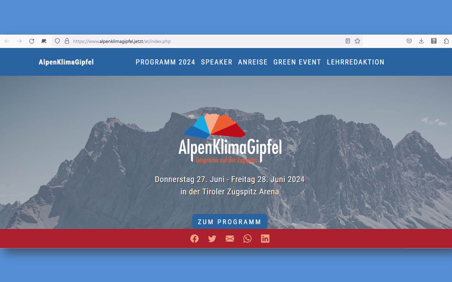 Screenshot v. 26.06.2024 der Event-Website zum AlpenKlimaGipfel auf der Zugspitze (www.alpenklimagipfel.jetzt)