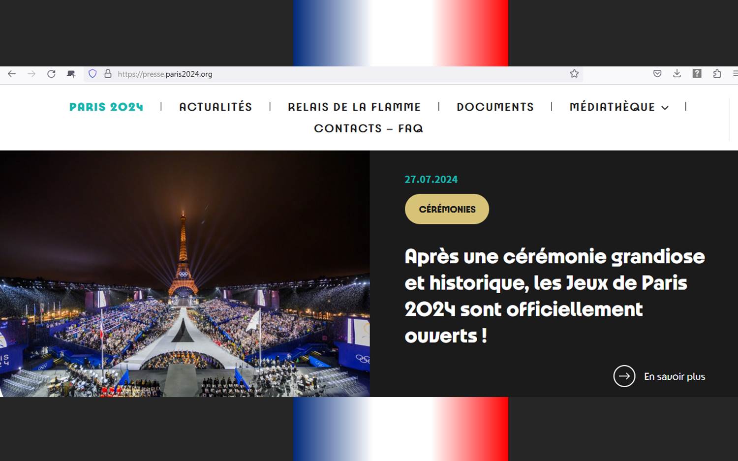  Screenshot v. 28.07.2024 der Presseseite auf der offiziellen Website von Paris 2024 Olympische Spiele (Link: paris2024.org).