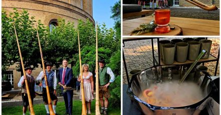 Das Chalet – Almzauber by Wasserturm Hotel Cologne – Bild links: Der Spatenstich von Alexander Lalk mit den Mutzbacher Alphornbläsern. Bild rechts oben: Mutzbacher Alphornbläser. Bild rechts unten: Der kalte Glühwein. (Fotos und Collage / Copyrights: marketingScout.com / EventMasterBook.de Redaktion – am Tag vor Ort)