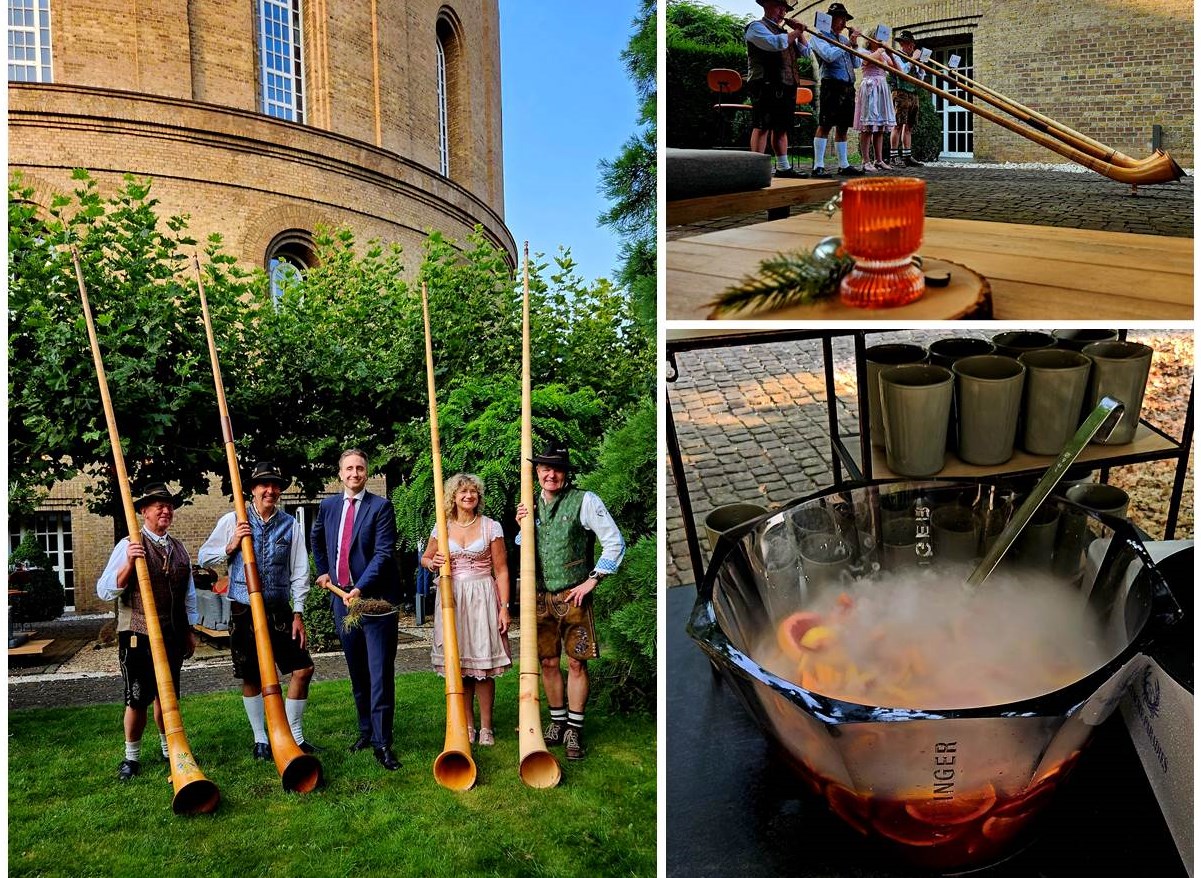 Das Chalet – Almzauber by Wasserturm Hotel Cologne – Bild links: Der Spatenstich von Alexander Lalk mit den Mutzbacher Alphornbläsern. Bild rechts oben: Mutzbacher Alphornbläser. Bild rechts unten: Der kalte Glühwein. (Fotos und Collage / Copyrights: marketingScout.com / EventMasterBook.de Redaktion – am Tag vor Ort)