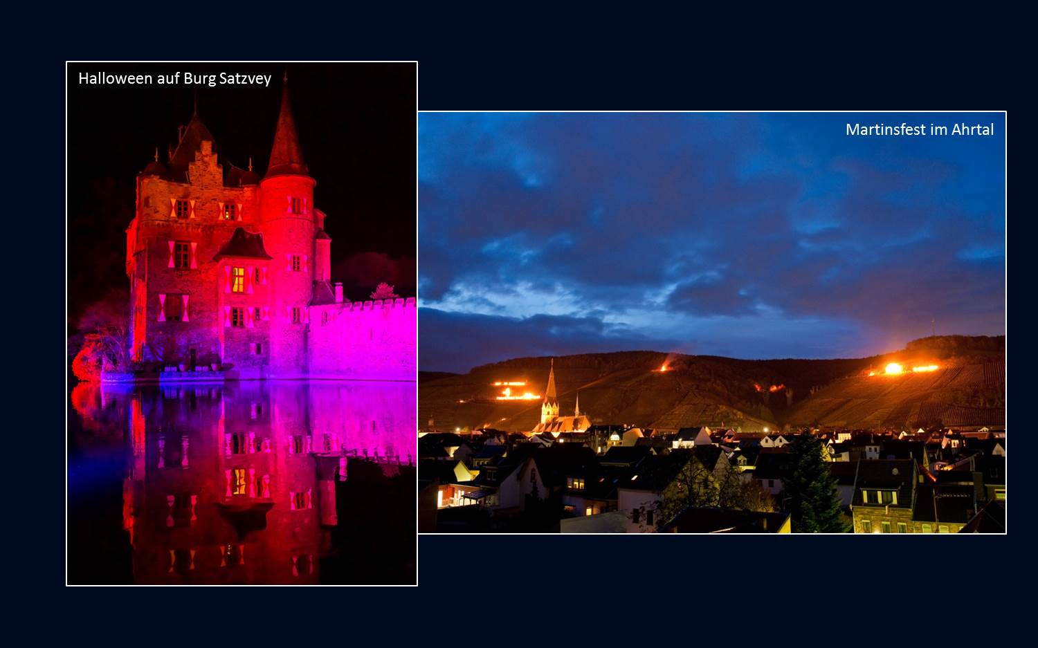 Titelbild: Collage - EventMasterBook.de Redaktion. Bild links: Halloween auf Burg Satzvey (Bildquelle: Burg Satzvey / Der Fotoschmied Mike Göhre). Bild rechts: Martinsfeuer Ahrweiler (Bildrechte: Dominik Ketz)