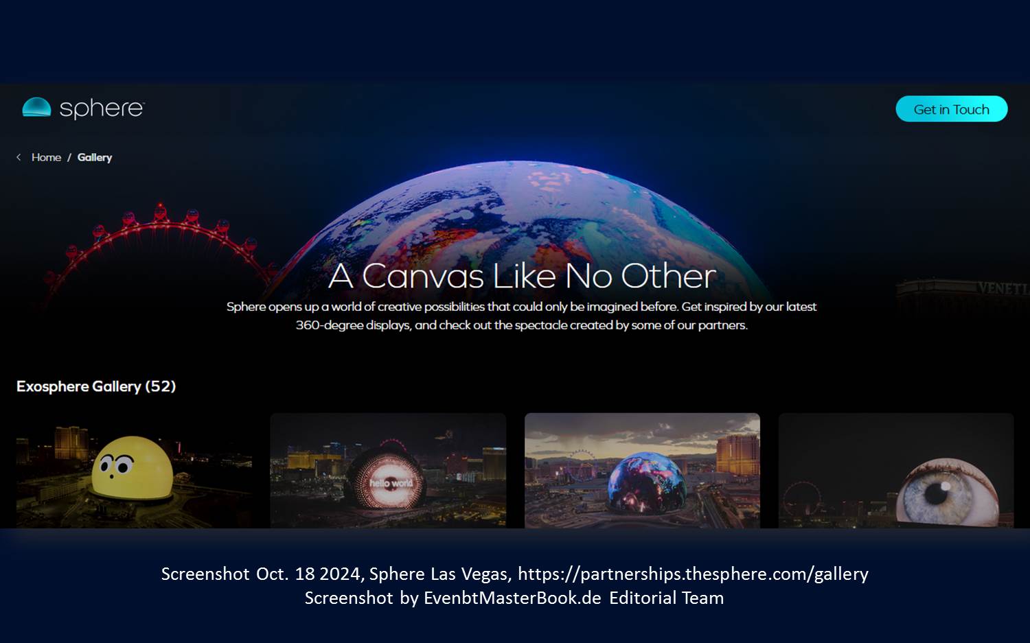 Screenshot der The Sphere Website v. 18.10.2024, https://partnerships.thesphere.com/gallery, Screenshot wurde erstellt durch die EventMasterBook.de Redaktion