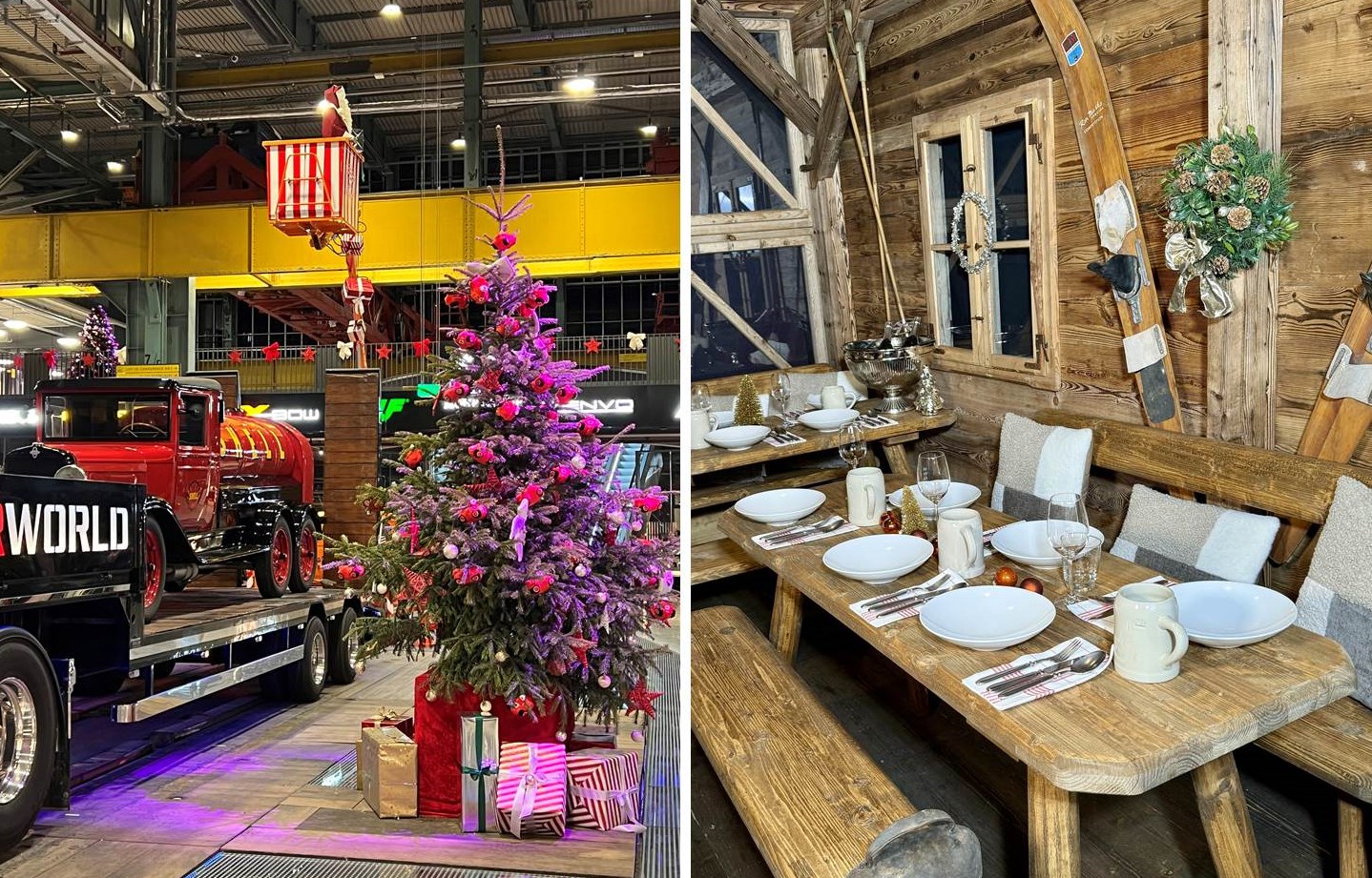 Fotos: (links) Motorworld München Weihnachten (Copyright: Motorworld GroupChalet Winterworld), (rechts) Winterworld Chalet (Copyright: Kay MacKenneth); Collage EventMasterbook.de Redaktion