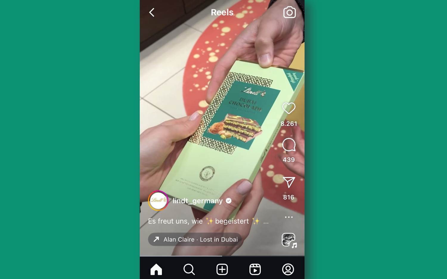 Screenshot v. 11.11.2024, Lindt Instagram Reel zum Verkaufsstart der limitierten Lindt Dubai Schokolade am 9. November 2024 in Düsseldorf (Quelle: Instagram @lindt_germany)