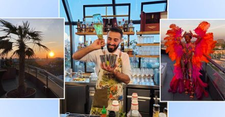 Barmanager Ehsan Kasem beim Terrassen-Opening-Event am 29. April 2025, Bar Botanik, Wasserturm Hotel Cologne (Bild Mitte); Künstlerin von Soaked in Soca e.V. (Bild rechts); Stimmungsbild (Bild links) | Fotos und Collage: EventMasterBook.de Redaktion
