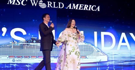 MSC World America Taufpatin Drew Barrymore wurde von Schauspieler Orlando Bloom begleitet. (Bildrechte: MSC Cruises GmbH / Fotograf: Anthony Devlin)