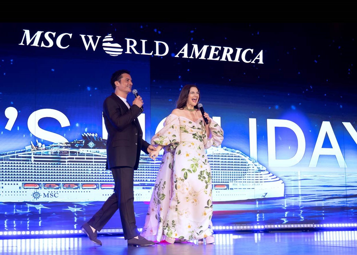 MSC World America Taufpatin Drew Barrymore wurde von Schauspieler Orlando Bloom begleitet. (Bildrechte: MSC Cruises GmbH / Fotograf: Anthony Devlin)
