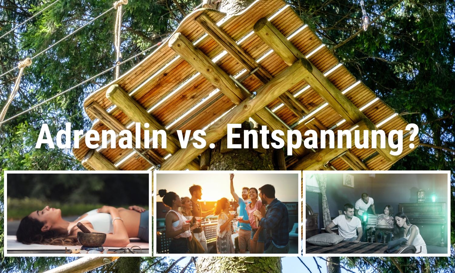 Titelbild (Collage): Action versus Entspannung - Rahmenprogramme für Business-Events (Copyright: EventMasterBook.de Redaktion / Fotos: Canva Stock)