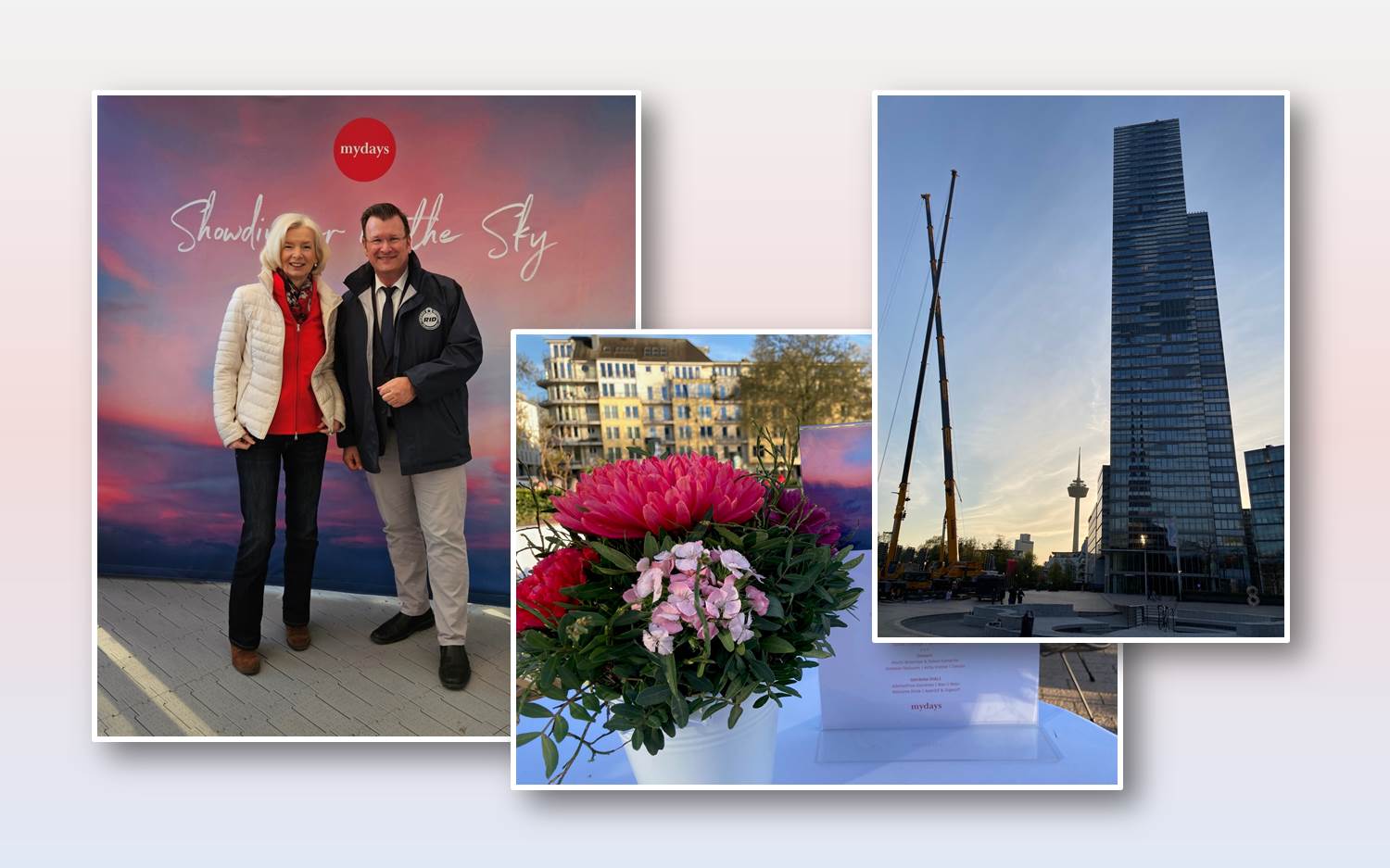 Szenen vom Weltrekord-Event mydays x Dinner in the Sky. Links im Bild Monika Monzel, Redaktion, mit Olaf Kuchenbecker vom RID. Zwei weitere Eventszenen vor dem Rekordversuch (Foto / Copyright: EventMasterBook.de Redaktion)