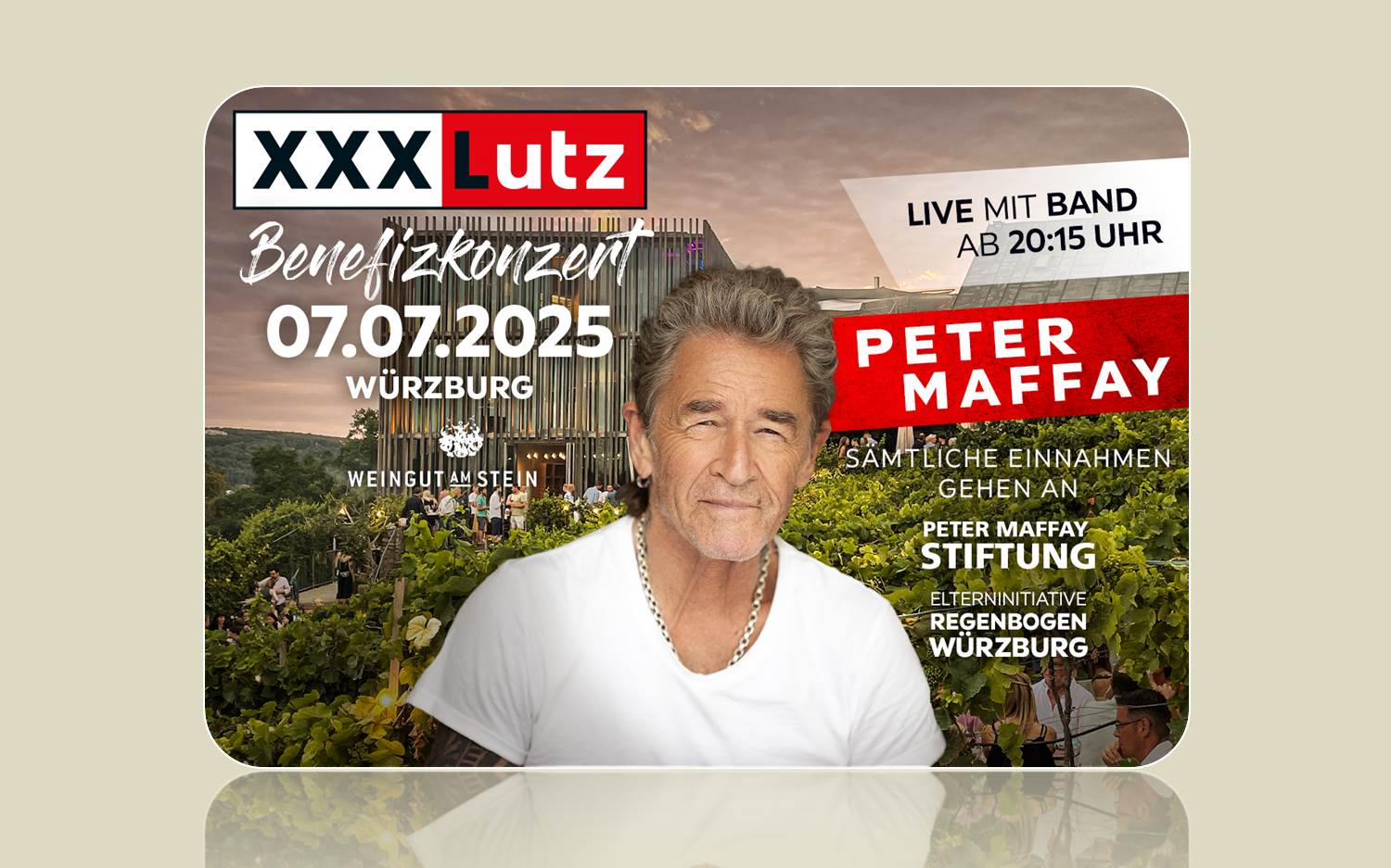 Peter Maffay und Band spielen am 7. Juli 2025 ein Benefizkonzert auf dem Weingut am Stein. Die Veranstaltung feiert gleich drei Jubiläen: 80 Jahre XXXLutz, die 80. gemeinsame Charity-Veranstaltung der Möbelhaus-Kette mit der Peter Maffay Stiftung und das 40. Jubiläum des Wein- & Musik-Festivals WEIN AM STEIN. (Bildrechte: XXXLutz Deutschland)