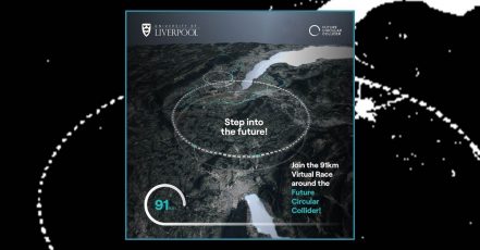FCC Lauf-Challenge – Run the Length of the Future Circular Collider (Bild Mitte: QUASAR Group / Universität Liverpool; Hintergrund / Collage: marketingScout.com Redaktion – Schwestermagazin von EventMasterBook.de)