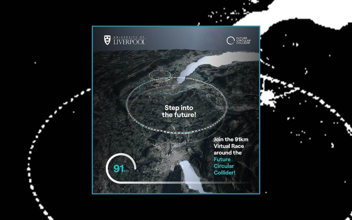 FCC Lauf-Challenge – Run the Length of the Future Circular Collider (Bild Mitte: QUASAR Group / Universität Liverpool; Hintergrund / Collage: marketingScout.com Redaktion – Schwestermagazin von EventMasterBook.de)