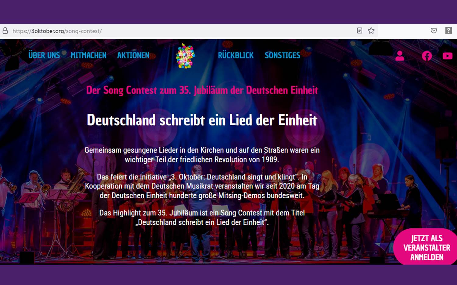 Screenshot vom 05.06.2025 der Website zum Song Contest der Initiative 3. Oktober Deutschland singt und klingt (Quelle: https://3oktober.org/song-contest)
