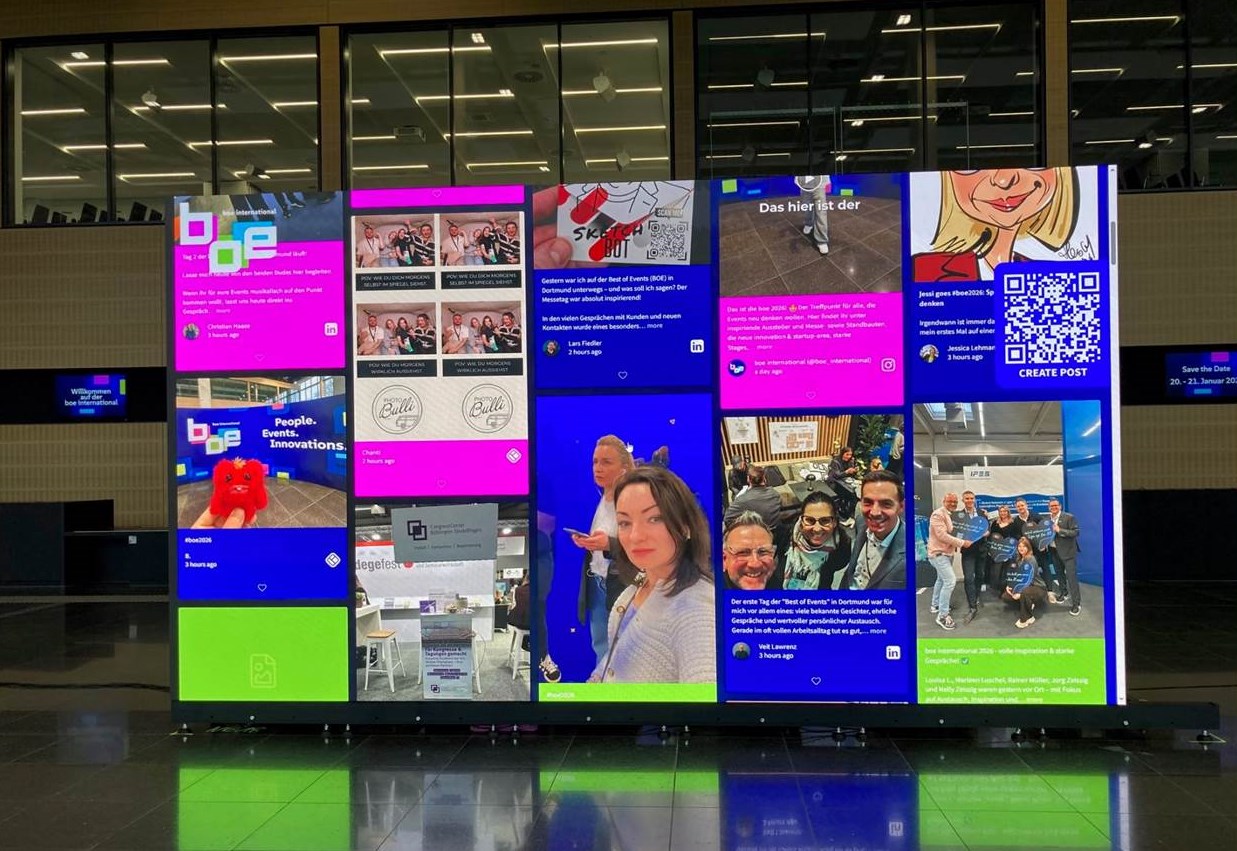 Social Wall von walls.io im Foyer der BOE International 2026, Messe Dortmund (Bildrechte: Redaktion marketingScout.com / eventmasterbook.de)