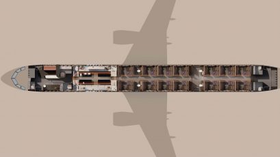 The BOW, das modulare Narrowbody-Kabinenkonzept von Lufthansa Technik und Designworks. Der Grundriss zeigt die Kabineneinteilung mit Barzone, Lounge und privaten Suiten. (Credits: Designworks und Lufthansa Technik)