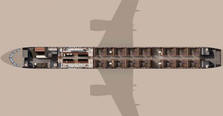 The BOW, das modulare Narrowbody-Kabinenkonzept von Lufthansa Technik und Designworks. Der Grundriss zeigt die Kabineneinteilung mit Barzone, Lounge und privaten Suiten. (Credits: Designworks und Lufthansa Technik)