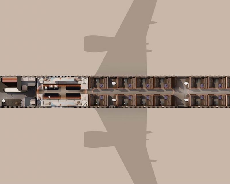 The BOW, das modulare Narrowbody-Kabinenkonzept von Lufthansa Technik und Designworks. Der Grundriss zeigt die Kabineneinteilung mit Barzone, Lounge und privaten Suiten. (Credits: Designworks und Lufthansa Technik)
