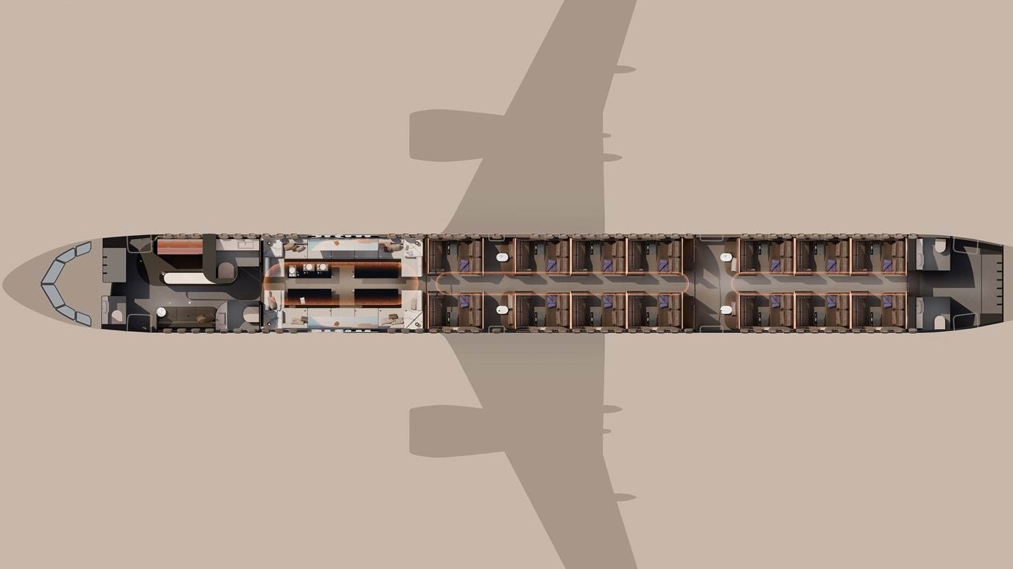 The BOW, das modulare Narrowbody-Kabinenkonzept von Lufthansa Technik und Designworks. Der Grundriss zeigt die Kabineneinteilung mit Barzone, Lounge und privaten Suiten. (Credits: Designworks und Lufthansa Technik)
