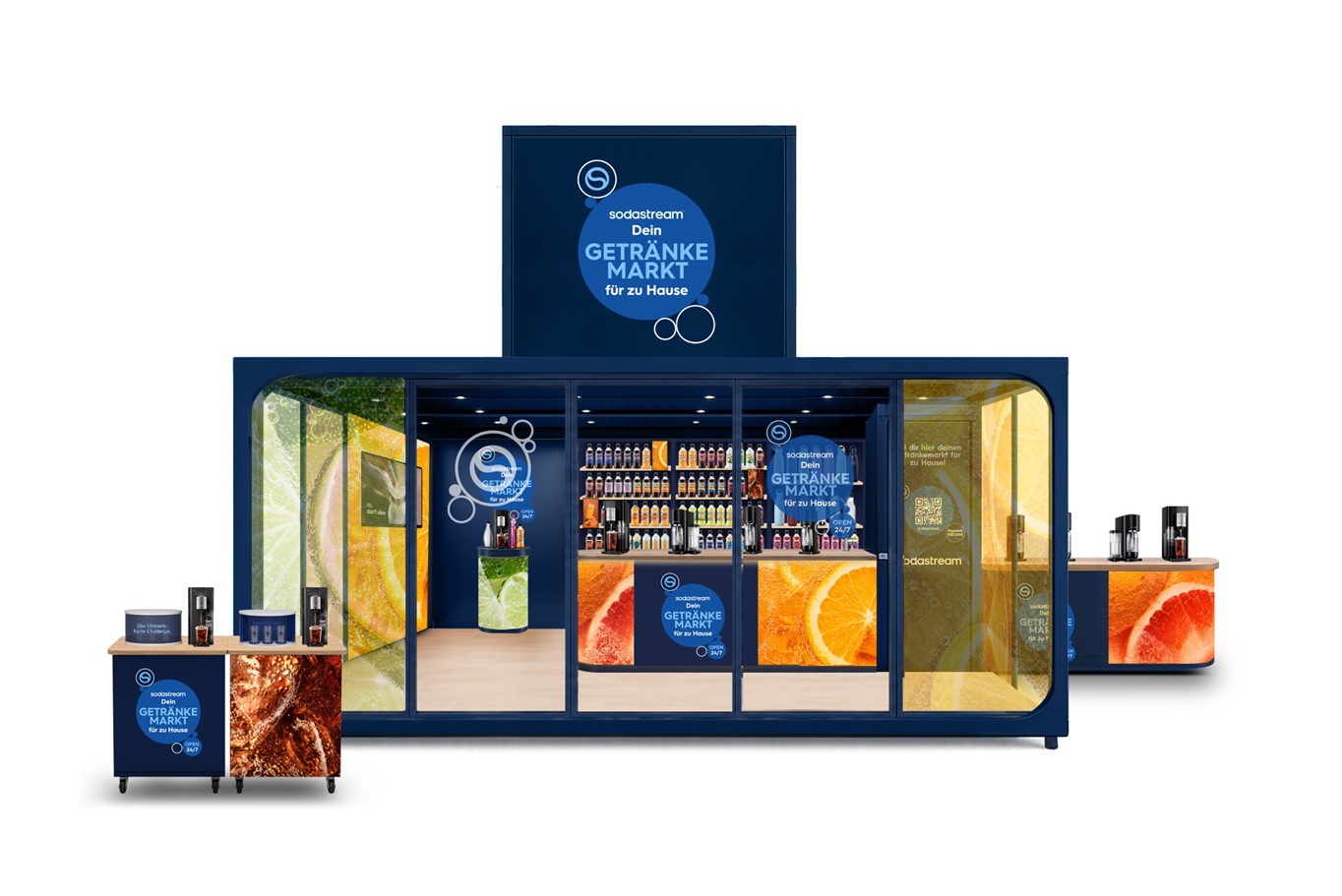 Der mobile Sodastream Roadshow-Trailer vereint moderne Bar-Elemente, digitale Inhalte und Stationen zum Selbstmixen von Sodastream-Getränken (Bildrechte: SodaStream)